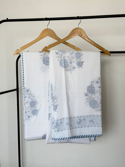 Blue Rose Floral 3D - Single Pair Dohar in Mulmul