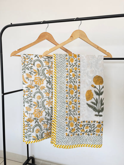 Yellow Poppy Jaal Reversible Dohar - Single Pair in Mulmul