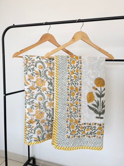 Yellow Poppy Jaal Reversible Dohar - Single Pair in Mulmul