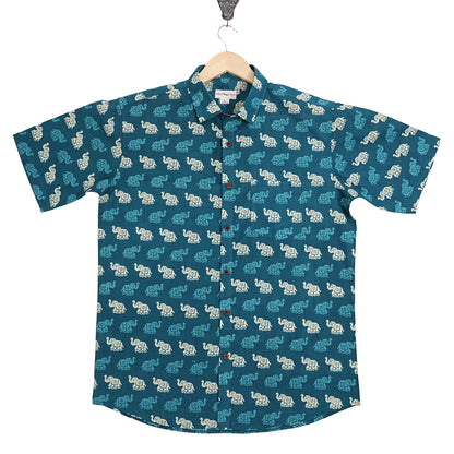 Teal Trails with Tiny Elephants Half-Sleeves Shirt