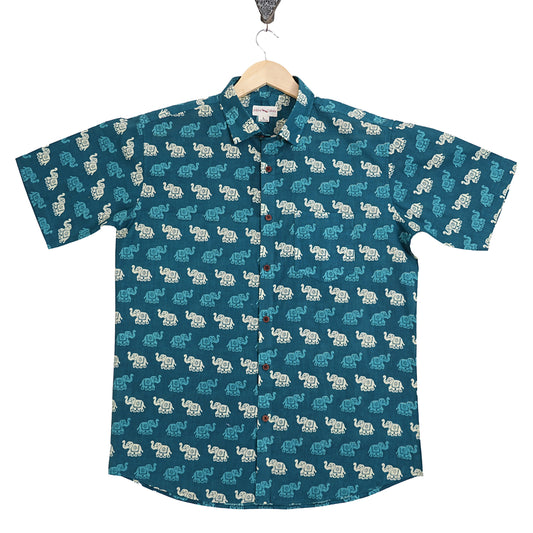Teal Trails with Tiny Elephants Half-Sleeves Shirt