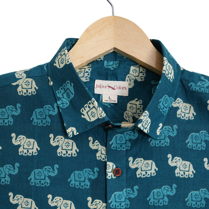 Teal Trails with Tiny Elephants Half-Sleeves Shirt