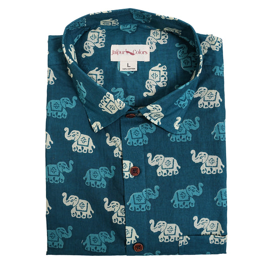 Teal Trails with Tiny Elephants Half-Sleeves Shirt