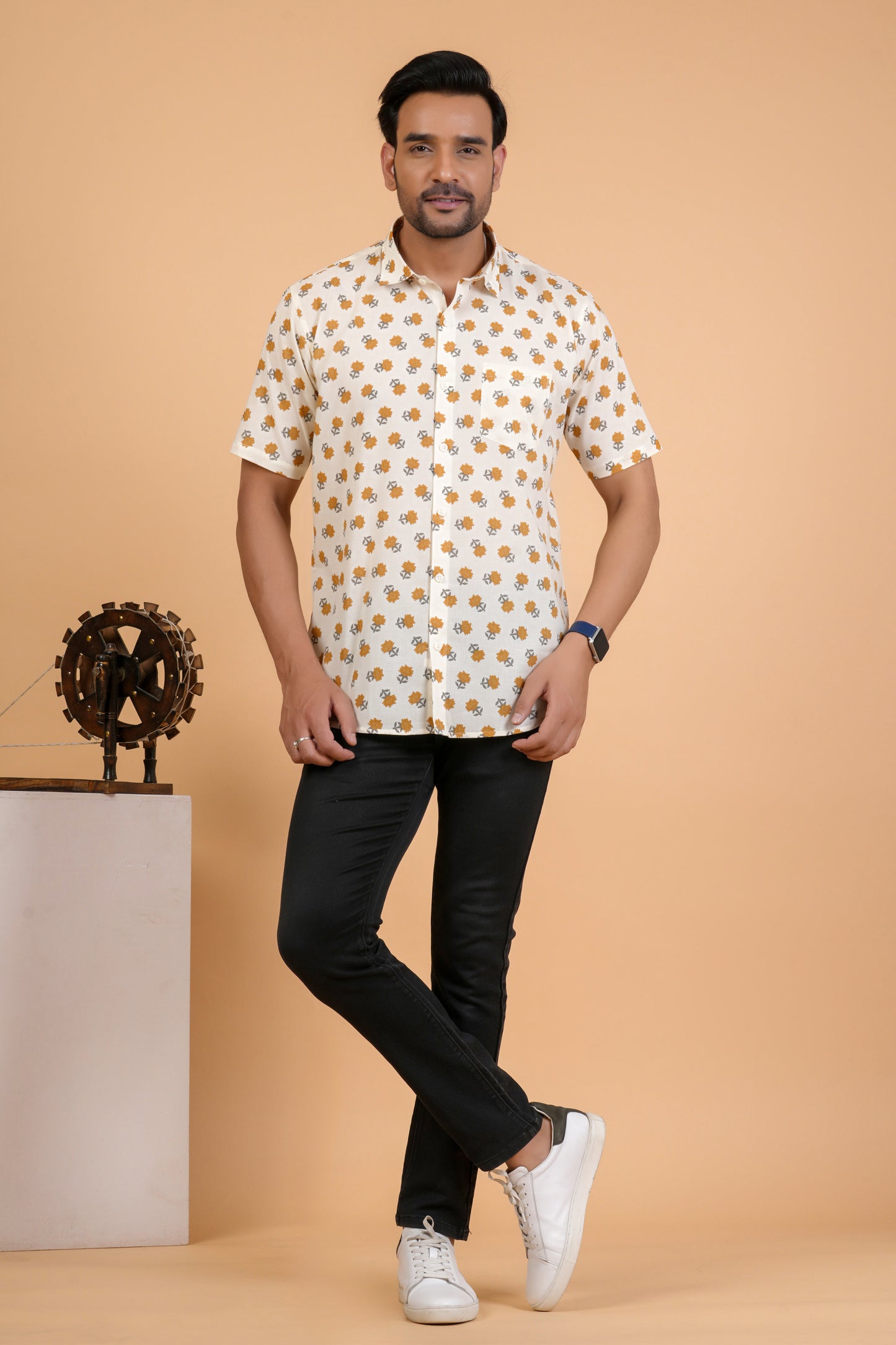 Casual Mustard Blossom Print Cotton Half Sleeve Shirt
