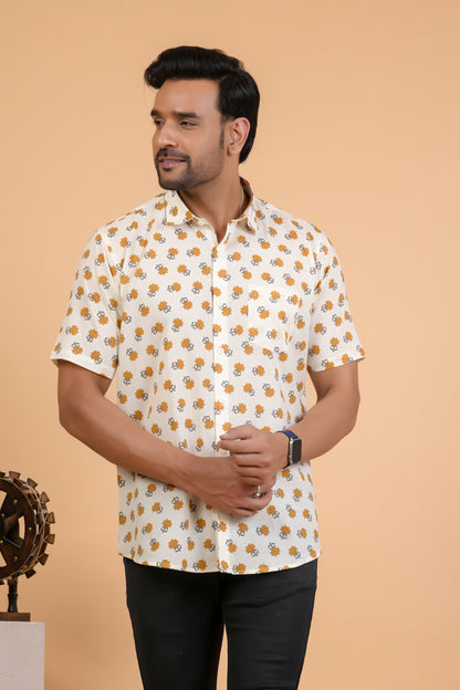Casual Mustard Blossom Print Cotton Half Sleeve Shirt