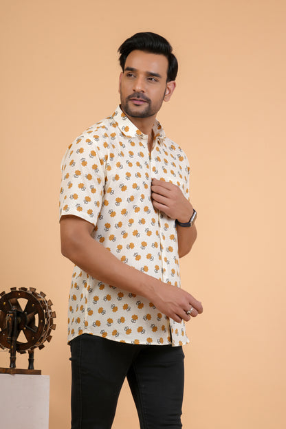 Casual Mustard Blossom Print Cotton Half Sleeve Shirt