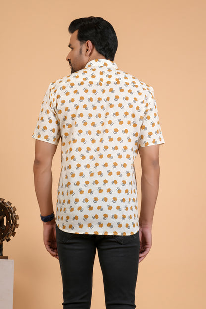 Casual Mustard Blossom Print Cotton Half Sleeve Shirt