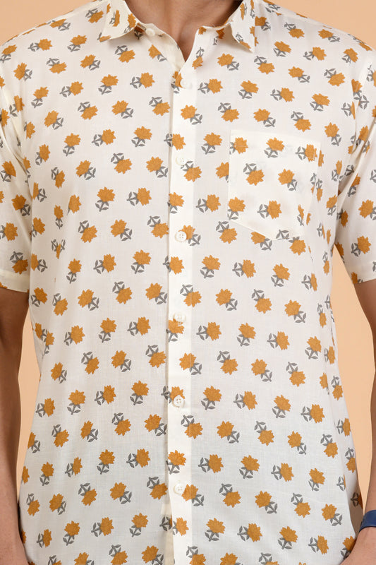 Casual Mustard Blossom Print Cotton Half Sleeve Shirt