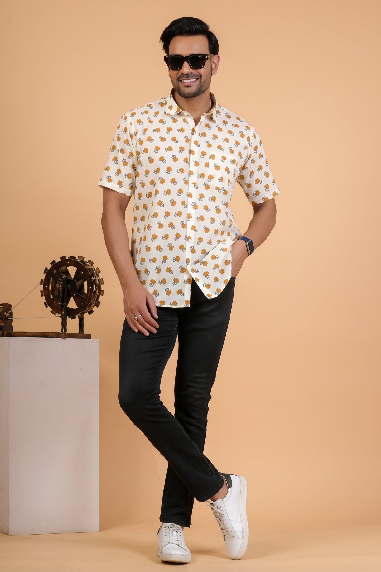 Casual Mustard Blossom Print Cotton Half Sleeve Shirt