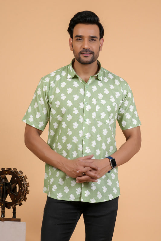 Casual Green Cotton Half Sleeve Shirt With White Botanical Print