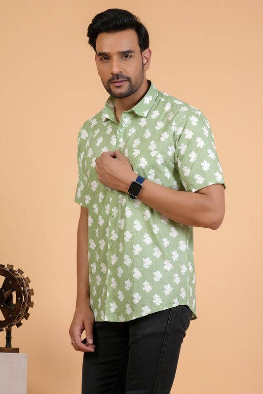 Casual Green Cotton Half Sleeve Shirt With White Botanical Print