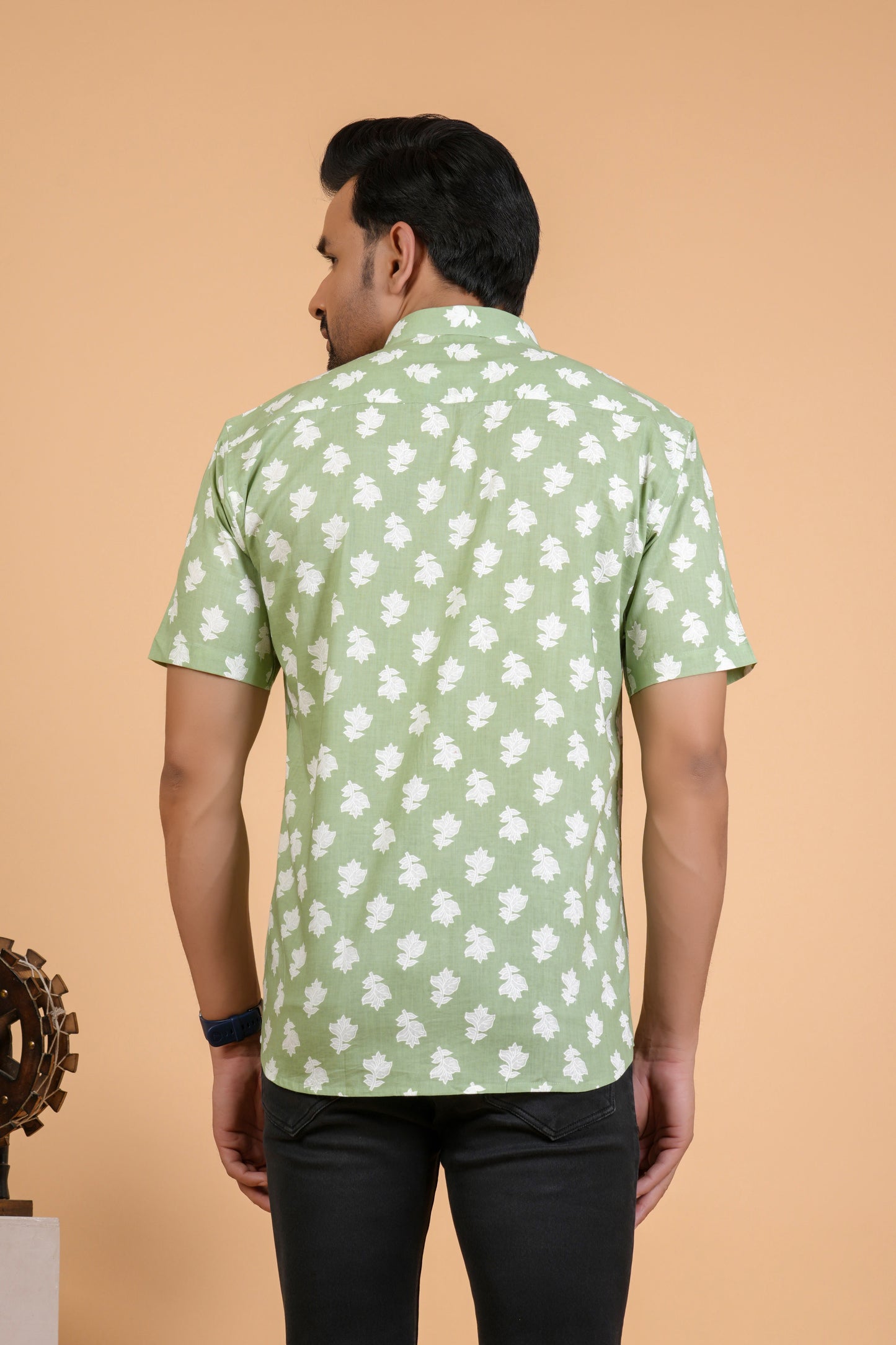 Casual Green Cotton Half Sleeve Shirt With White Botanical Print
