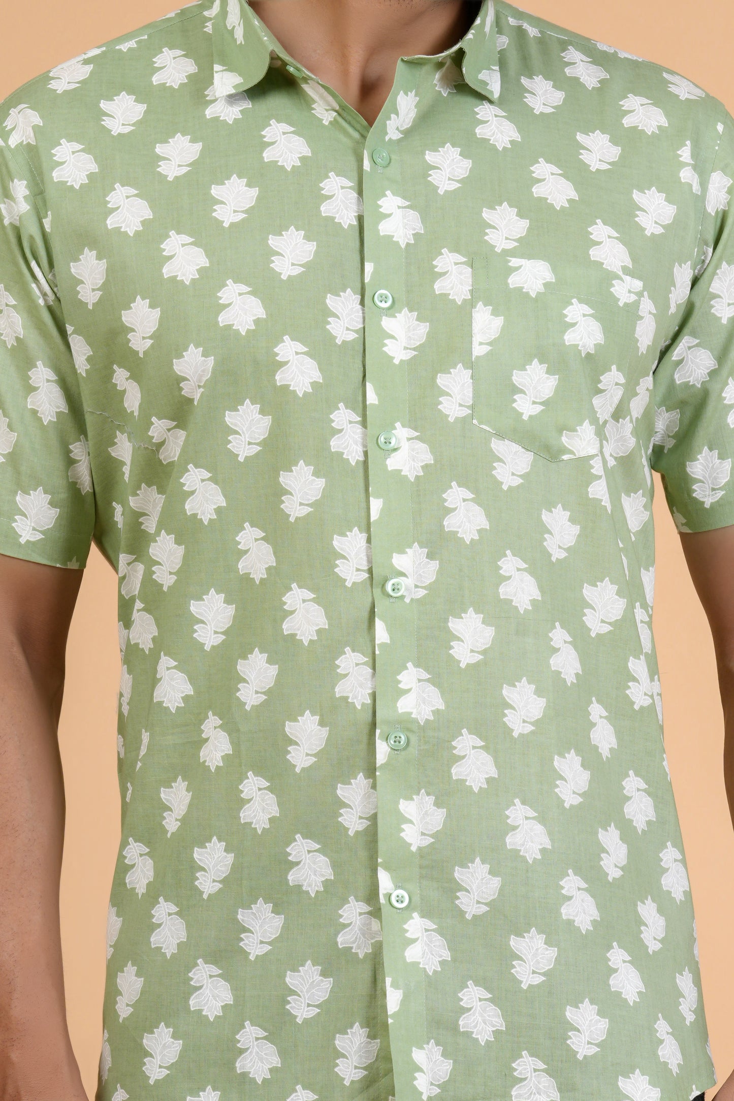 Casual Green Cotton Half Sleeve Shirt With White Botanical Print