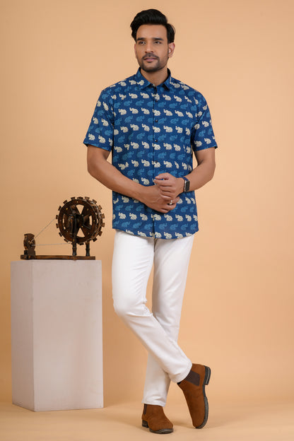 Ethnic Elephant Motif Cotton Half Sleeve Shirt For Men