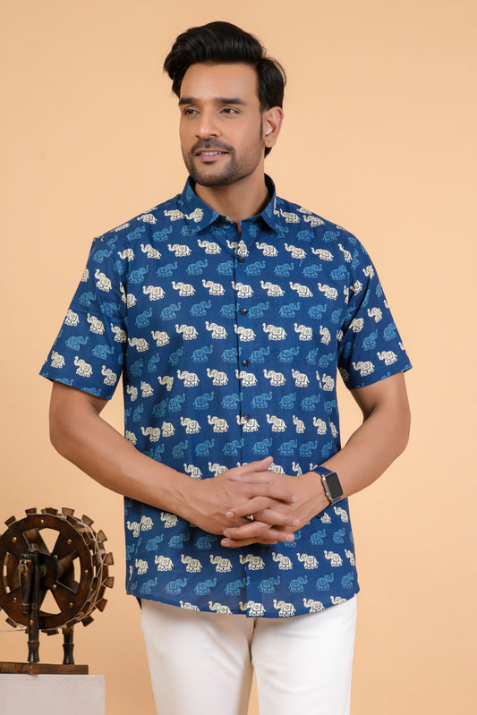 Ethnic Elephant Motif Cotton Half Sleeve Shirt For Men