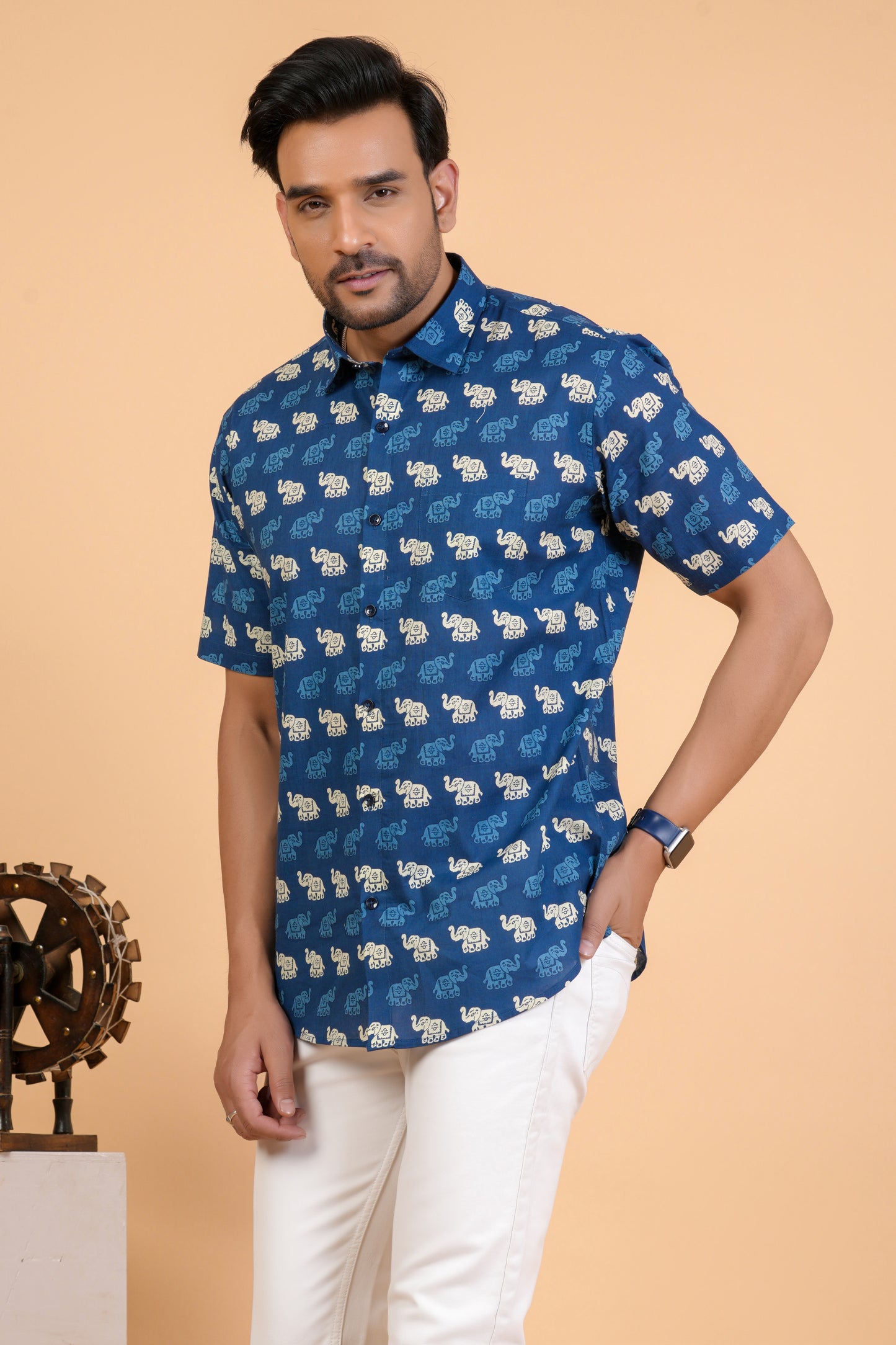 Ethnic Elephant Motif Cotton Half Sleeve Shirt For Men