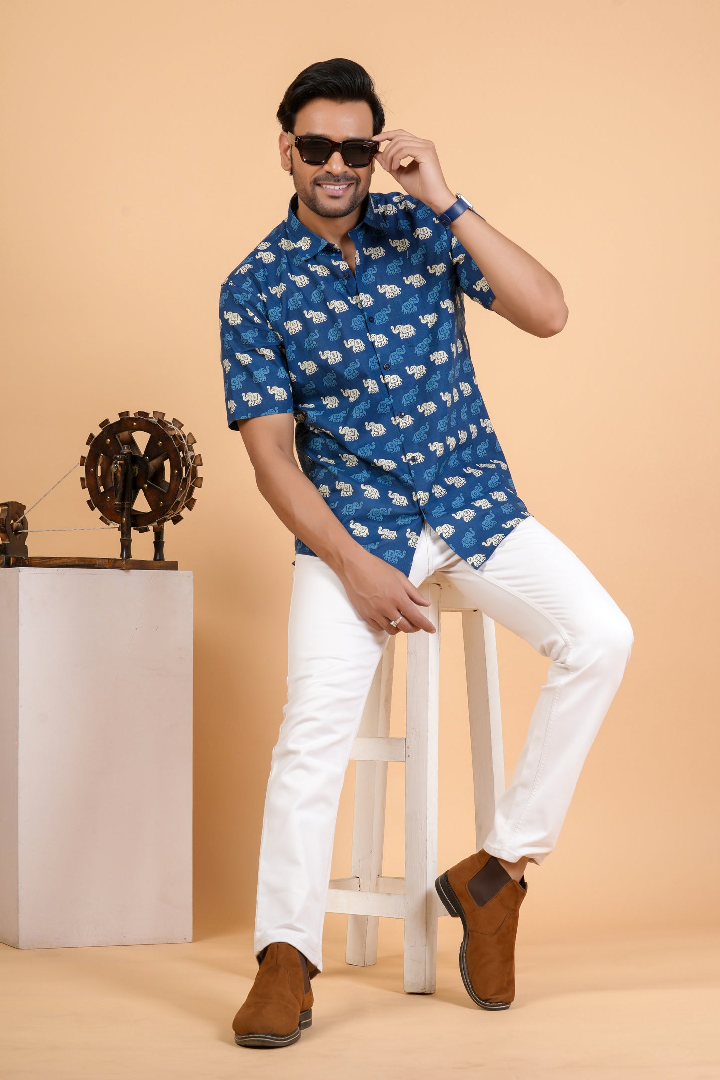 Ethnic Elephant Motif Cotton Half Sleeve Shirt For Men