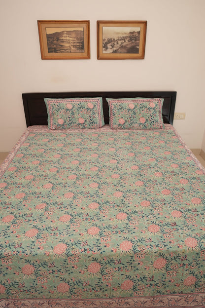 Light Turquoise Blue, Pink & Peach Handblock Cotton Bedcover