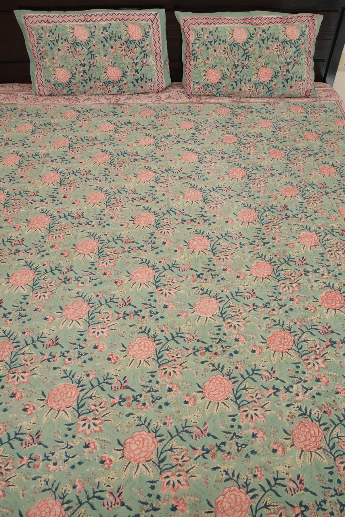 Light Turquoise Blue, Pink & Peach Handblock Cotton Bedcover