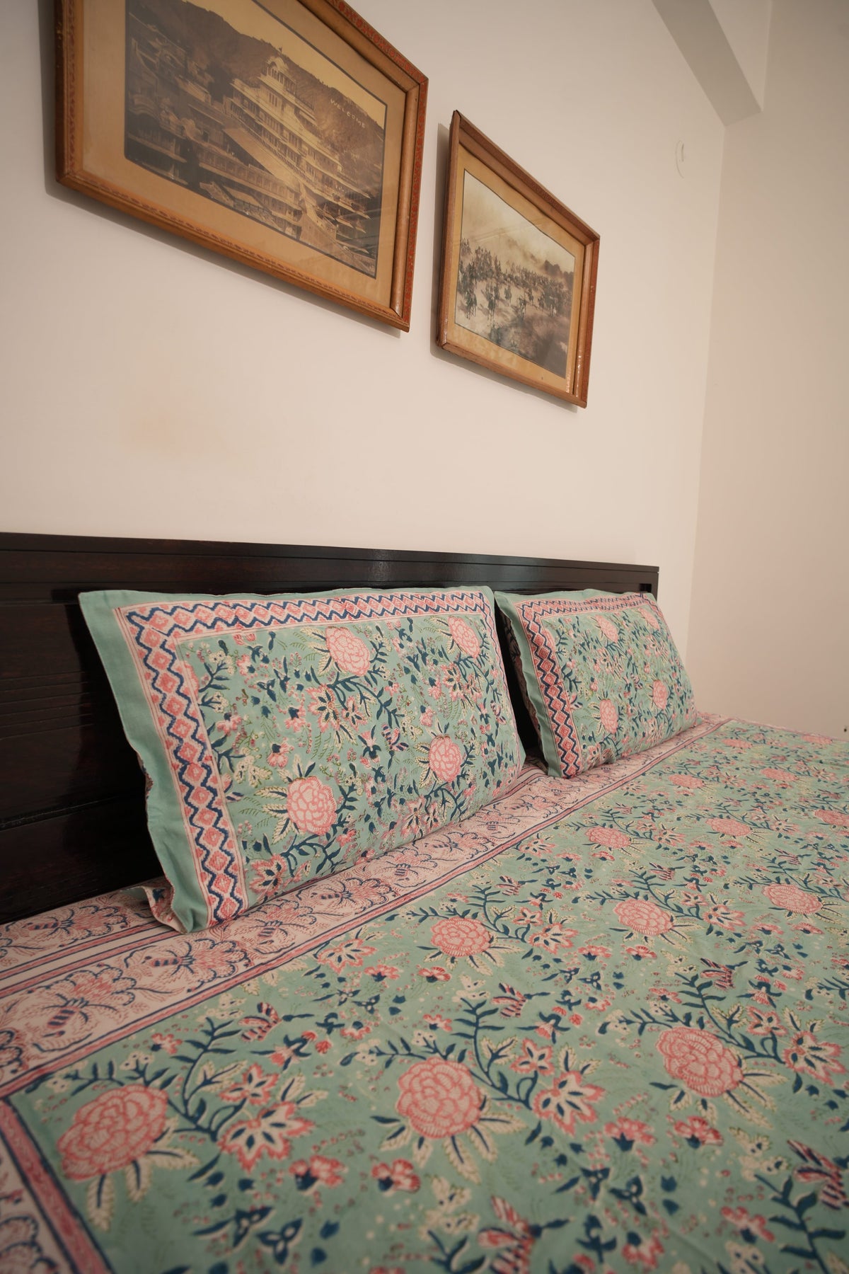 Light Turquoise Blue, Pink & Peach Handblock Cotton Bedcover