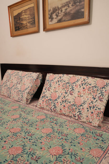 Light Turquoise Blue, Pink & Peach Handblock Cotton Bedcover