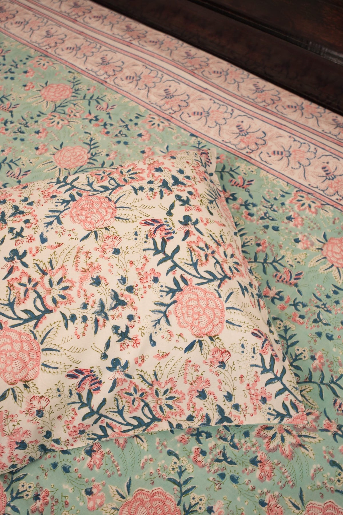 Light Turquoise Blue, Pink & Peach Handblock Cotton Bedcover