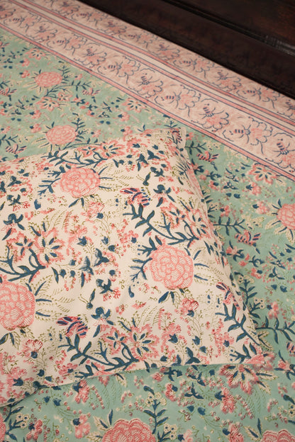 Light Turquoise Blue, Pink & Peach Handblock Cotton Bedcover