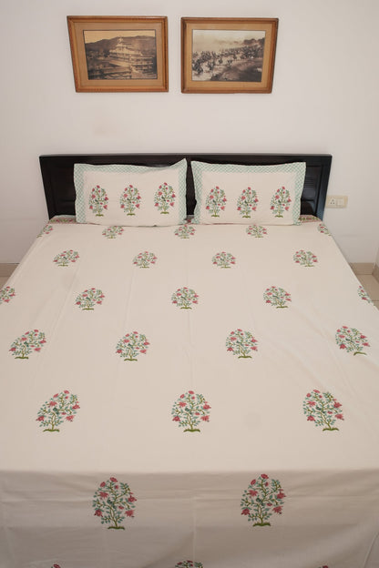 White Big Peach & Green Booti Handblock Cotton Bedcover