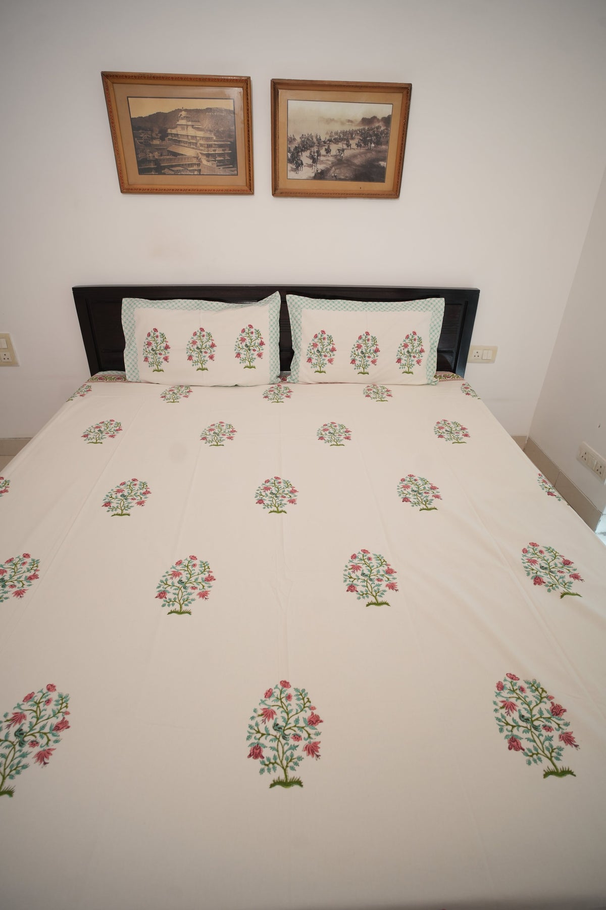 White Big Peach & Green Booti Handblock Cotton Bedcover