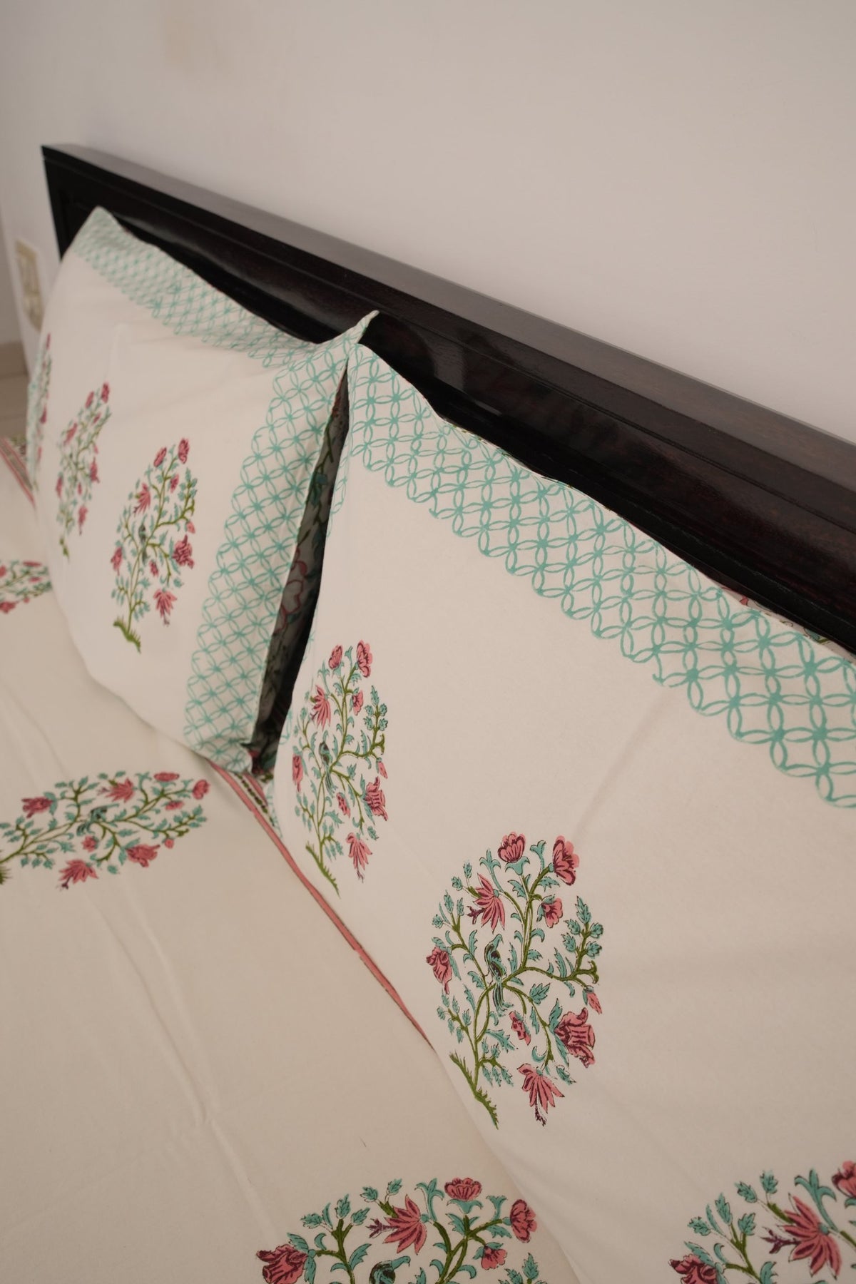 White Big Peach & Green Booti Handblock Cotton Bedcover