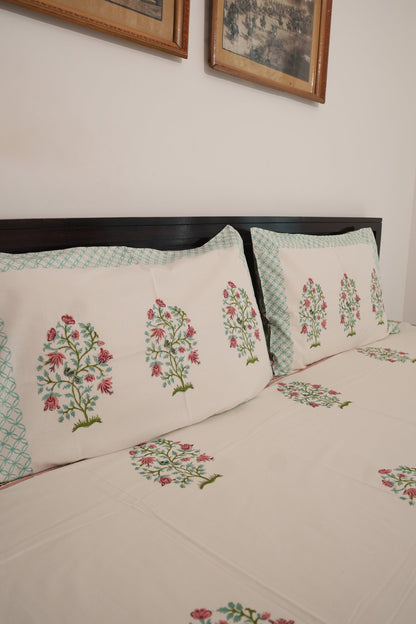 White Big Peach & Green Booti Handblock Cotton Bedcover