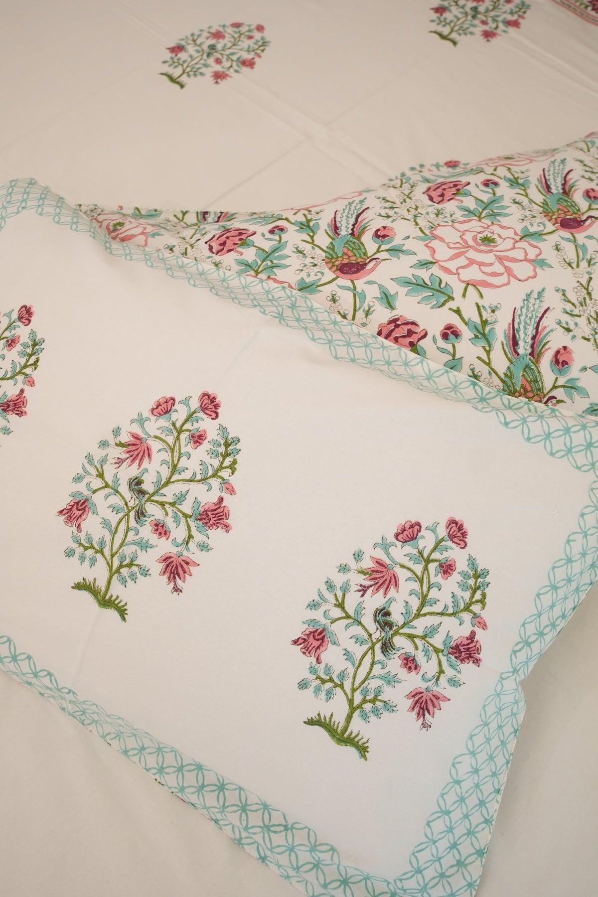 White Big Peach & Green Booti Handblock Cotton Bedcover