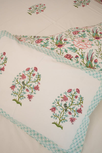 White Big Peach & Green Booti Handblock Cotton Bedcover