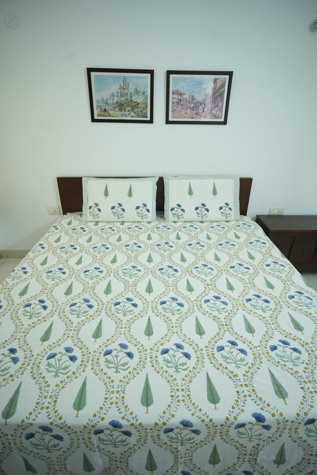 Turquoise Blue & Green Jaal Handblock Cotton Bedcover