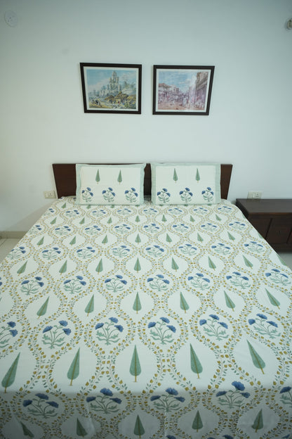 Turquoise Blue & Green Jaal Handblock Cotton Bedcover