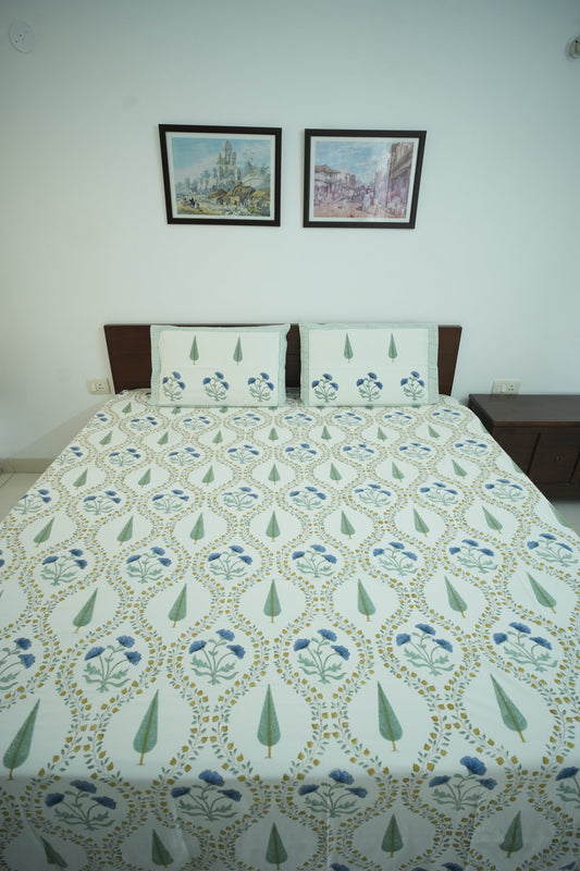 Turquoise Blue & Green Jaal Handblock Cotton Bedcover