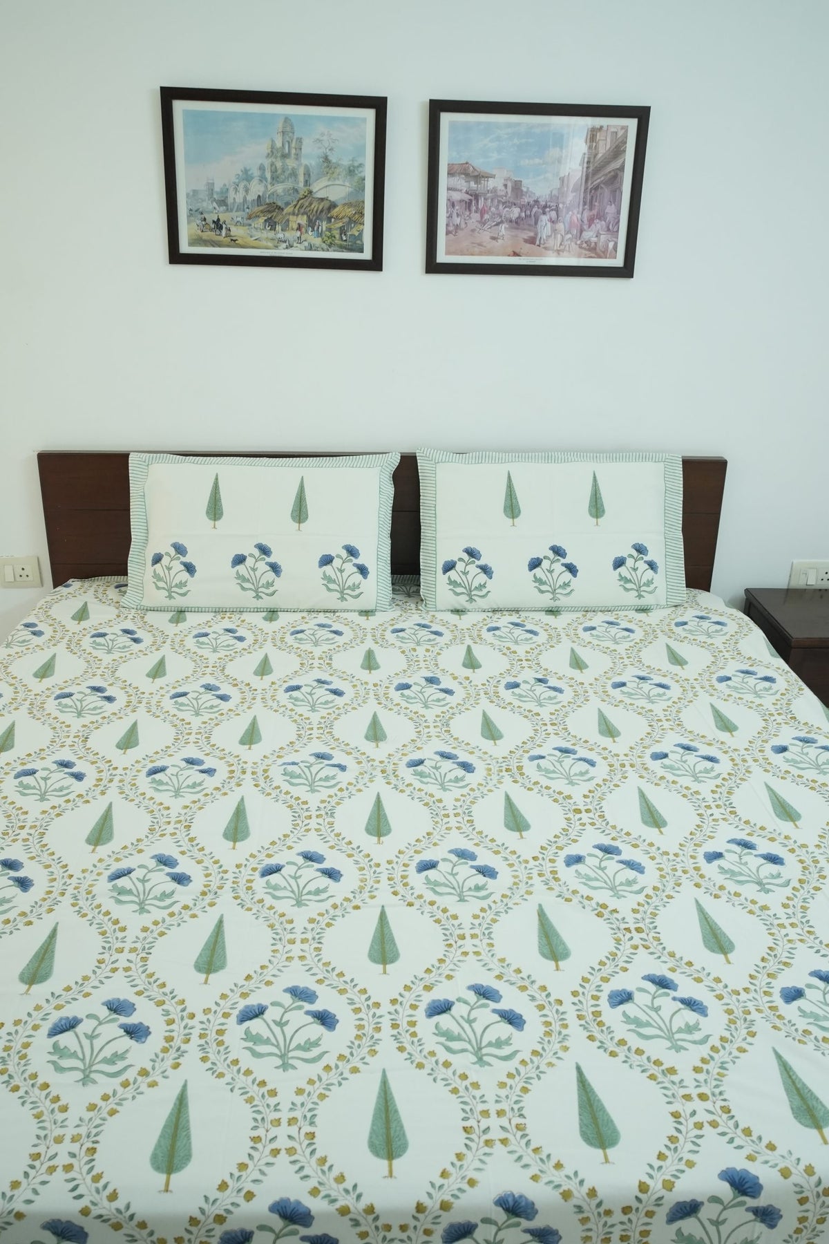 Turquoise Blue & Green Jaal Handblock Cotton Bedcover