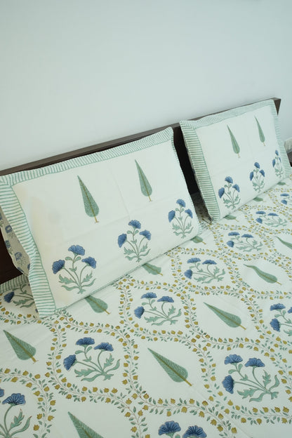 Turquoise Blue & Green Jaal Handblock Cotton Bedcover