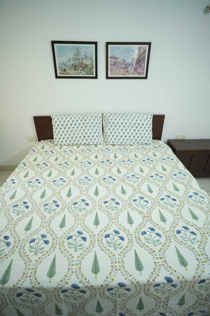 Turquoise Blue & Green Jaal Handblock Cotton Bedcover