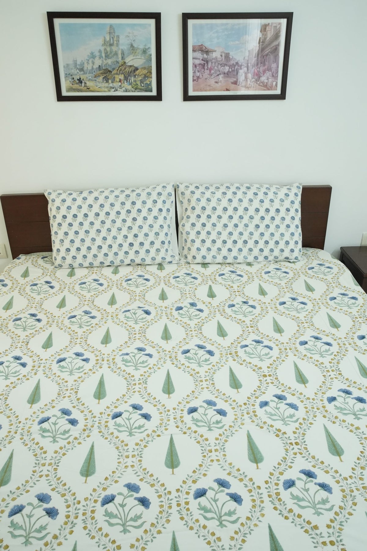 Turquoise Blue & Green Jaal Handblock Cotton Bedcover