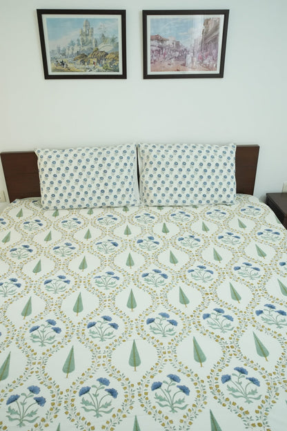Turquoise Blue & Green Jaal Handblock Cotton Bedcover