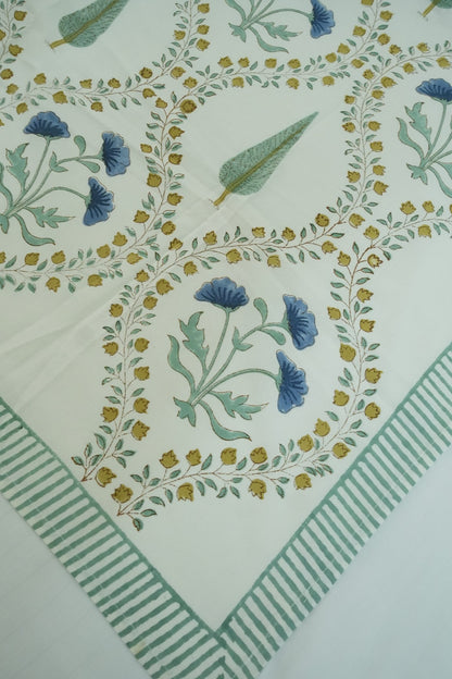 Turquoise Blue & Green Jaal Handblock Cotton Bedcover