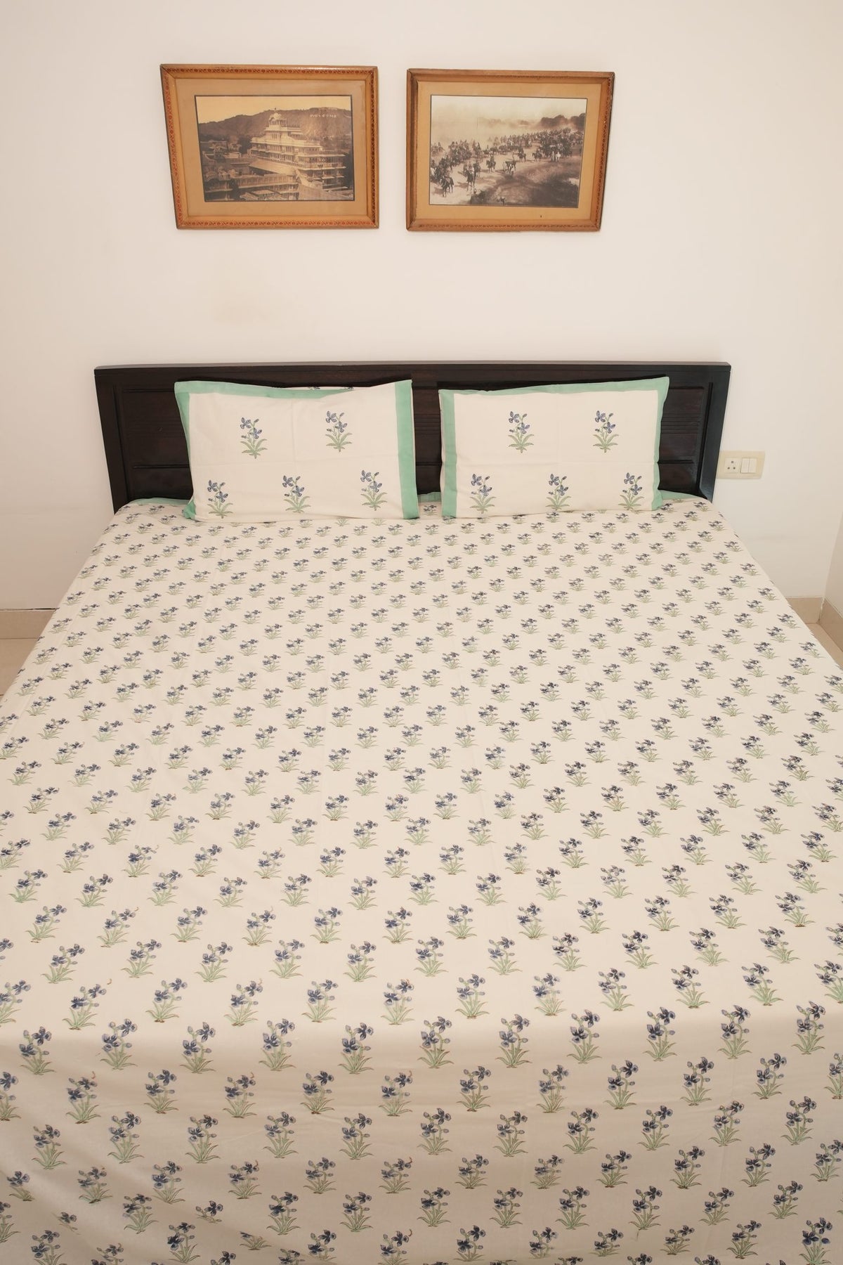 White Small Blue Floral Booti Handblock Cotton Bedcover