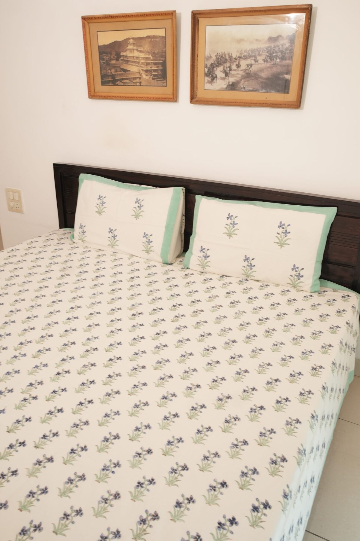 White Small Blue Floral Booti Handblock Cotton Bedcover