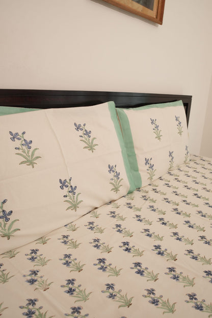 White Small Blue Floral Booti Handblock Cotton Bedcover