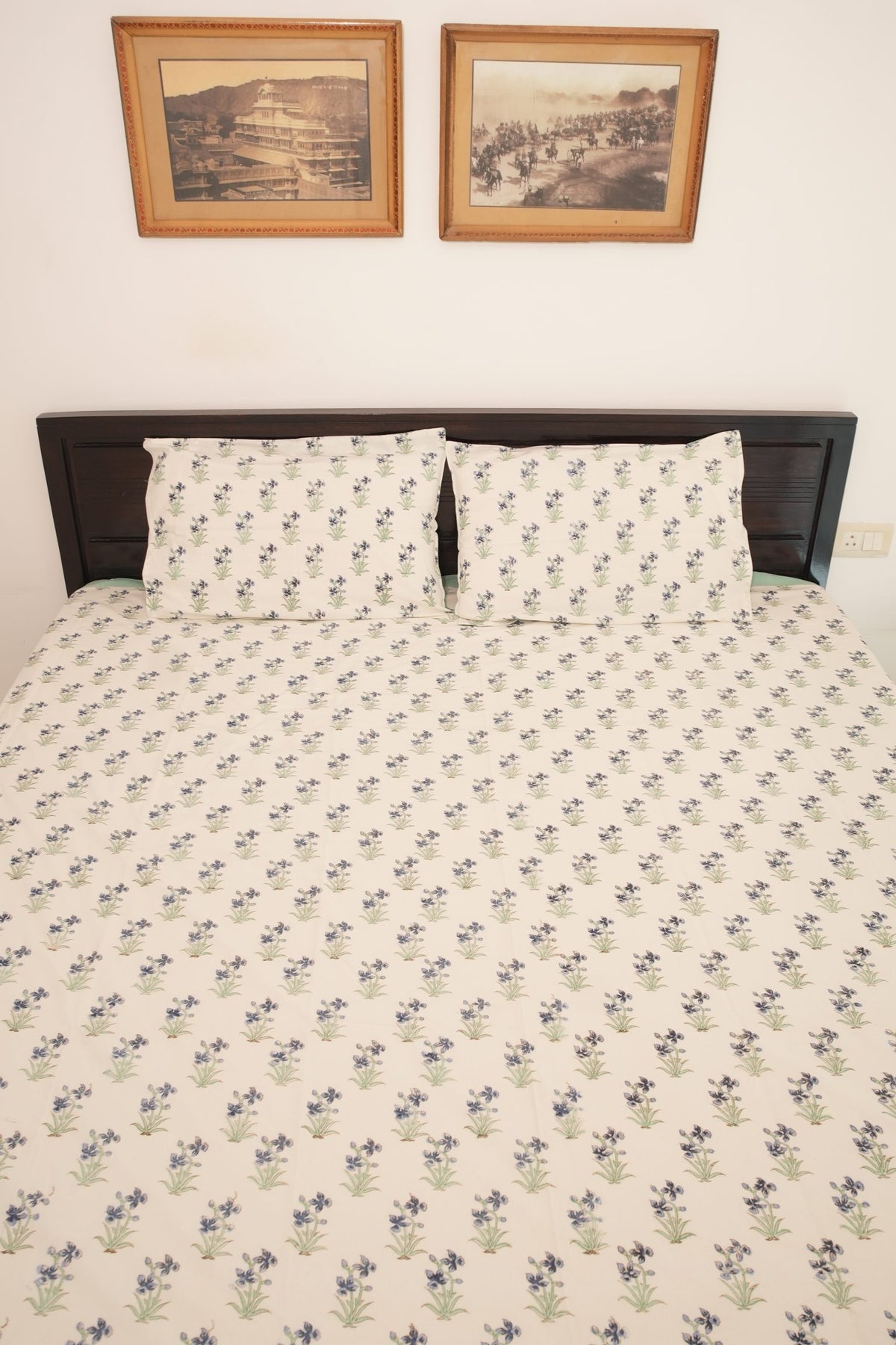 White Small Blue Floral Booti Handblock Cotton Bedcover