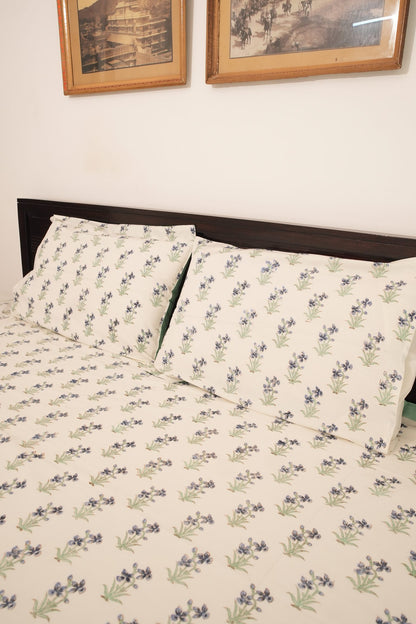 White Small Blue Floral Booti Handblock Cotton Bedcover