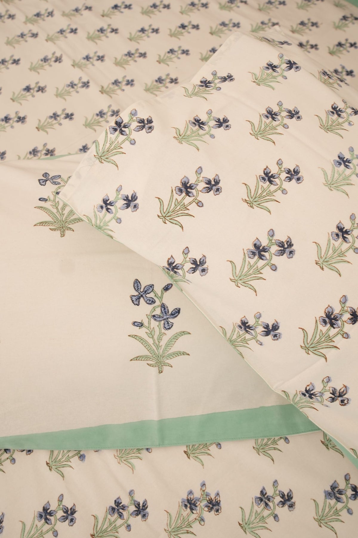 White Small Blue Floral Booti Handblock Cotton Bedcover