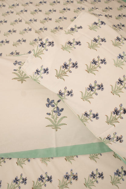 White Small Blue Floral Booti Handblock Cotton Bedcover