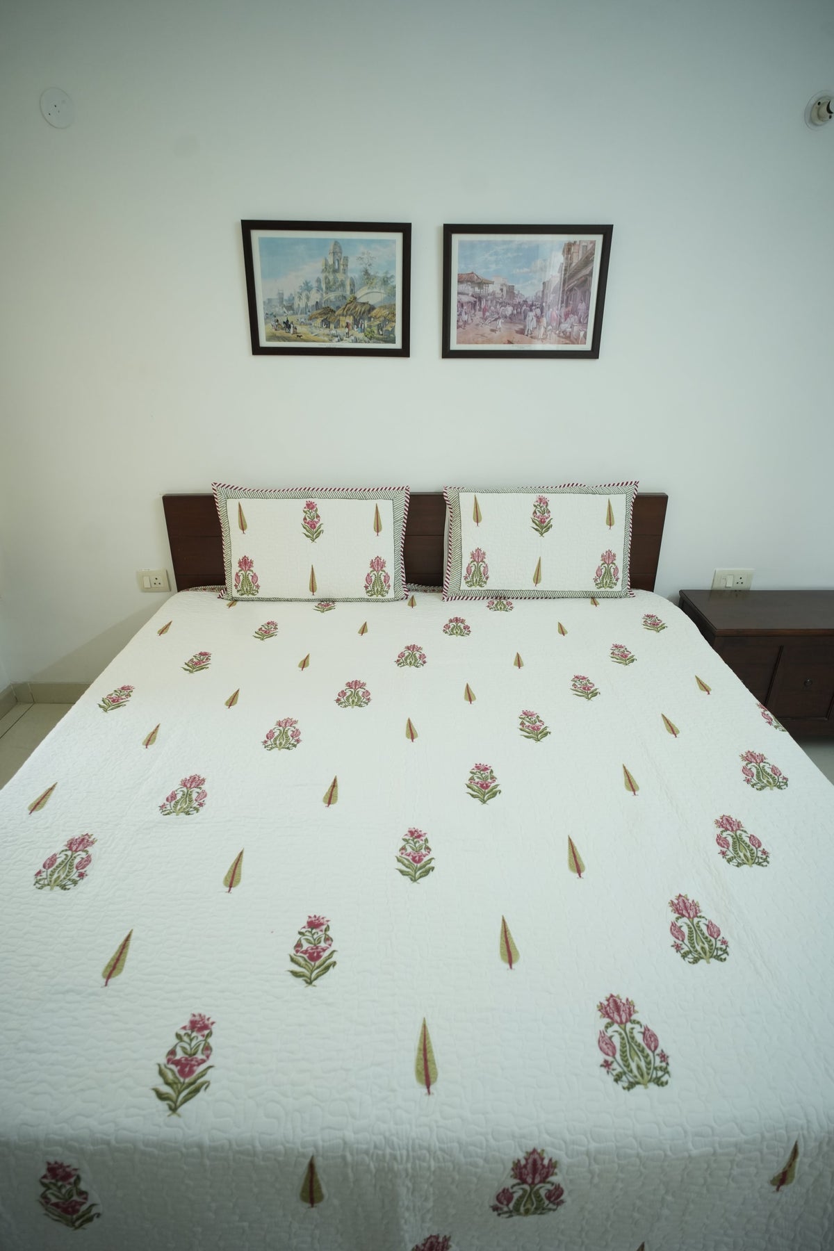 Pink Floral & Leaf Handblock Quilted Comforter Set with 2 Pillow Covers